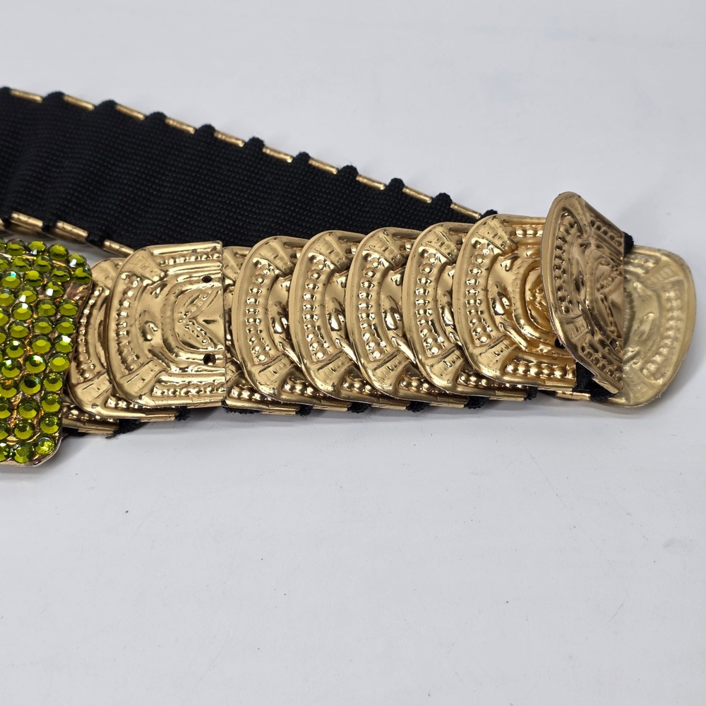 Vintage Waist Belt Stretch Gold Green Rhinestones OS Mermaid Scale Y2K Glam Boho - Picture 4 of 10